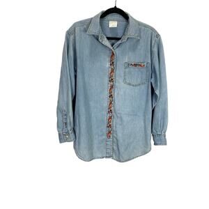 Vintage 90s Style Studio Embroidered Fall Leaves Chambray Cotton Shirt size M